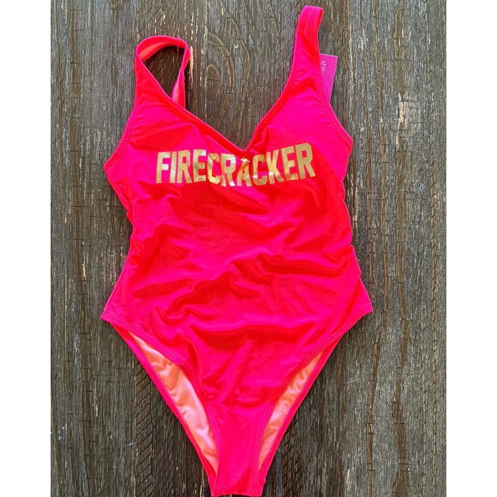 Xhilaration Swimsuit Hot Pink With Gold Letters Firecracker Barbie Beach Vacay